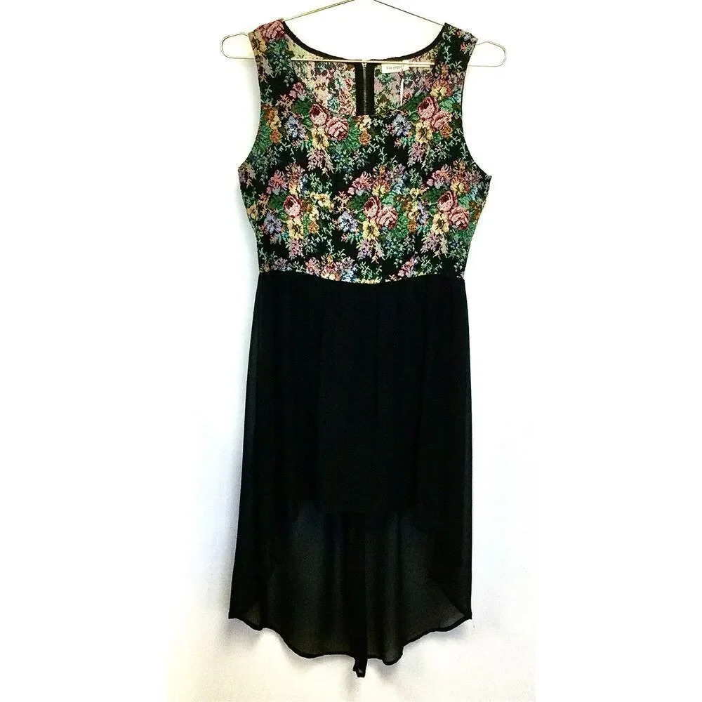NWT Blu Pepper Womens Black Floral Jacquard Chiffon Bottom High Low Dress Medium